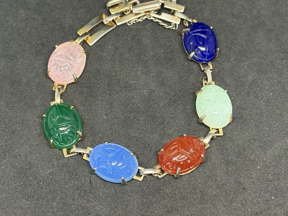 Vintage Gold Tone Link Egyptian Revival Multi Color Scarab Stone Bracelet 7”